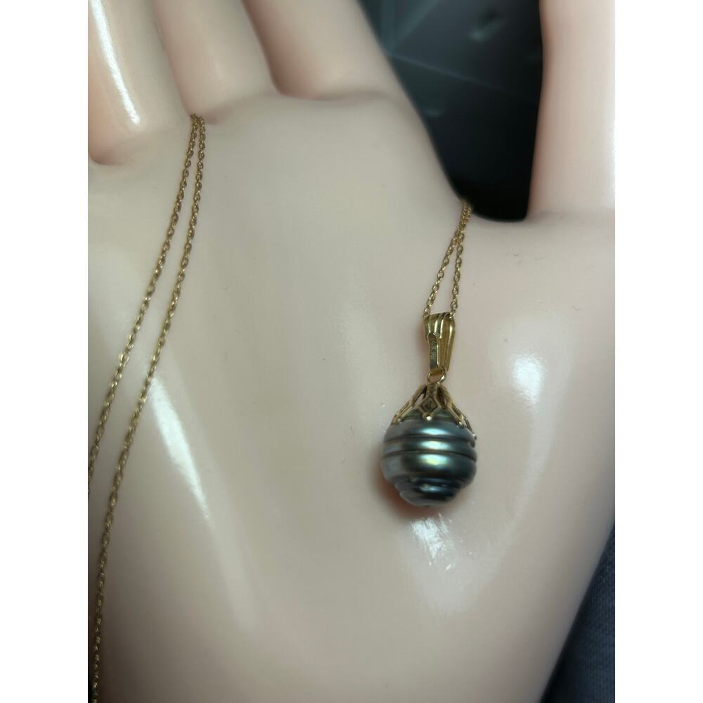 Vintage 14k Yellow Gold Baroque Dark Gray Pearl Art Deco pendant necklace 18.5” - Picture 3 of 14